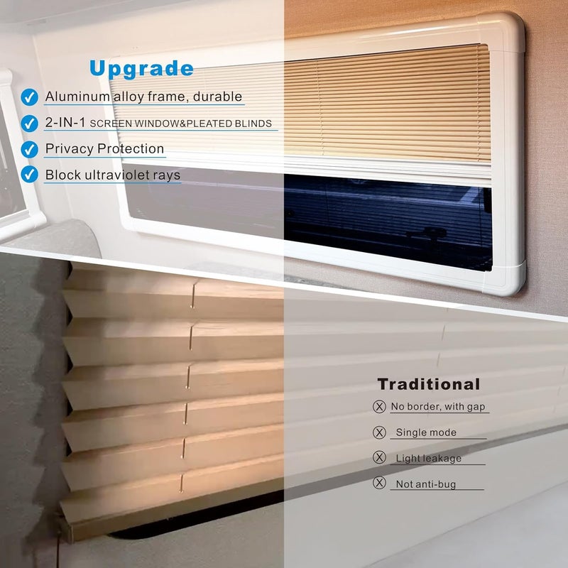 Dulepax RV Window Shade, Aluminum Frame RV Blinds Shades for Window, 26" W x 24" L, 2-in-1 Screen & Pleated Blinds, RV Blinds for Camper Window - Image 4